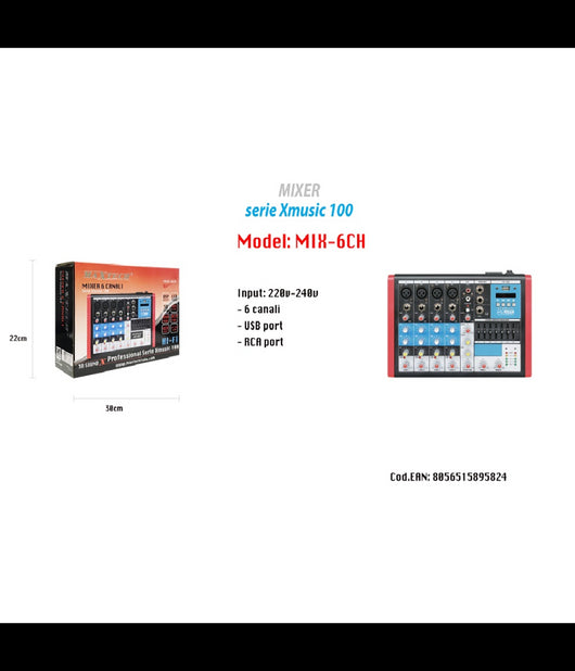 Mixer Audio 6ch Equalizzatore 4 Mic Xlr Phantom +48v Usb Mp3 Display Maxtech Mix-6ch         