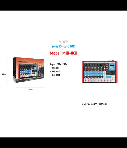 Mixer Audio 8 Canali Equalizzatore 4mic Xlr Phantom +48v Usb Mp3 Display Maxtech Mix-8ch         