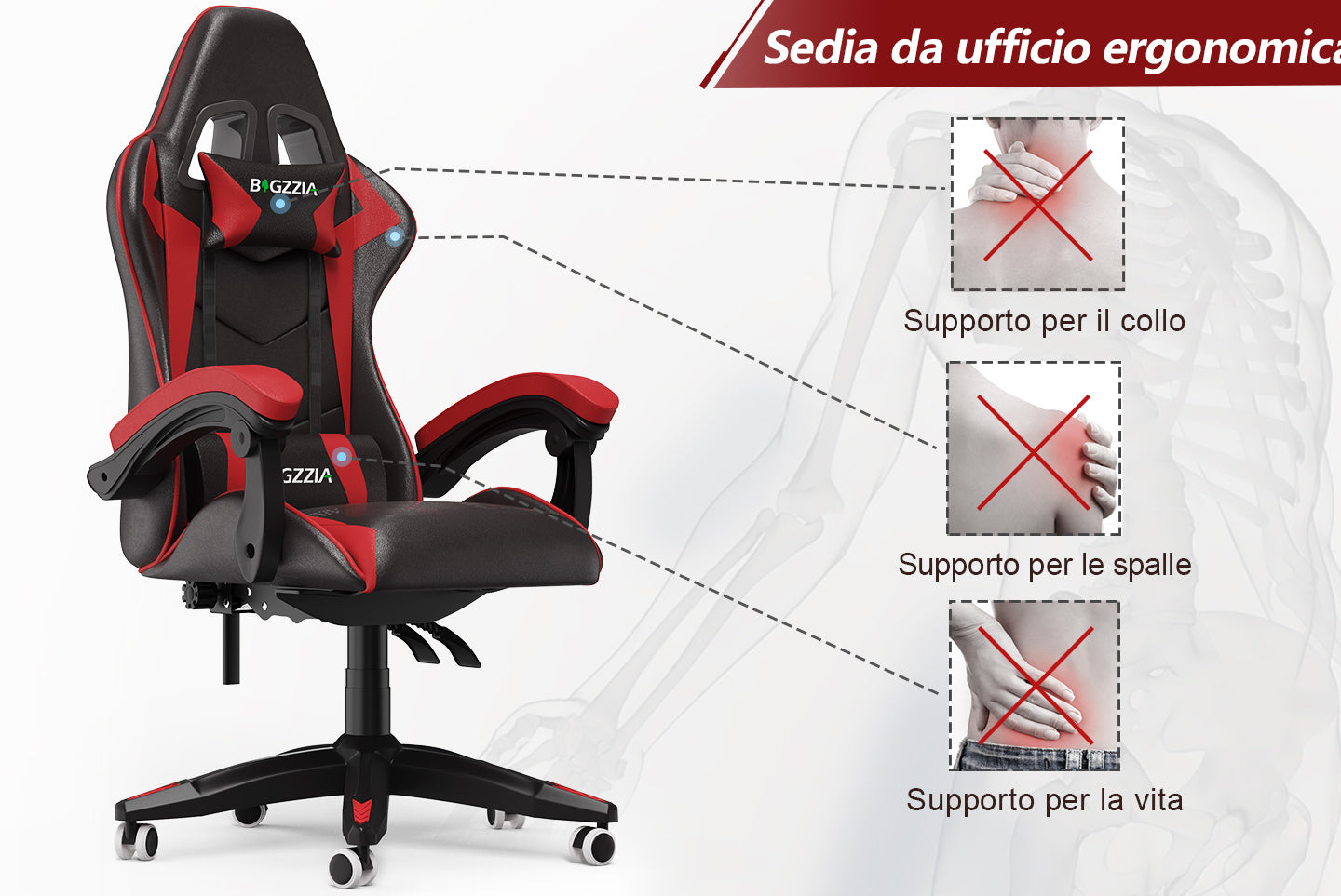Sedia gaming ergonomica - RATTANTREE - con Supporto Lombare Sedia da Gioco in Pelle Pu con Altezza Regolabile - Rouge