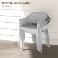 Set 4 Sedie da Giardino in Plastica Impilabili con Braccioli e Schienale Alto in PP, Grigio