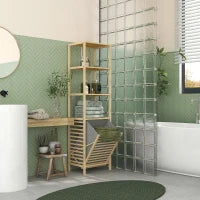 Colonna Bagno con 3 Ripiani in Legno di Bambù e Cesto Portabiancheria in Tessuto, 44x33x160cm