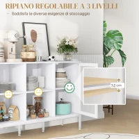 Mobile Buffet con 4 Ripiani Aperti e Armadietto, in Truciolato e Acciaio, 120x37x81.5 cm, Bianco