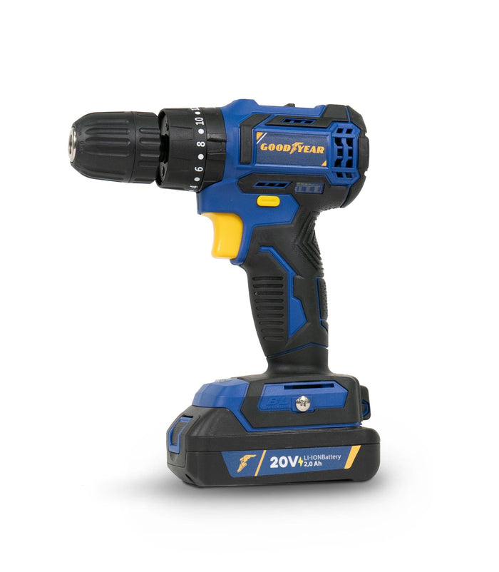 Cacciavite trapano martello con batteria al litio 20V.2 v 400/1300 g/m. Set di 7 punte e caricabatterie inclusi Goodyear 