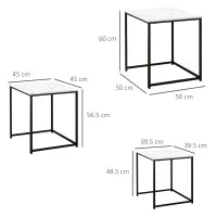 Set di 3 Tavolini da Salotto, Effetto Marmo con Struttura in Acciaio, Bianco