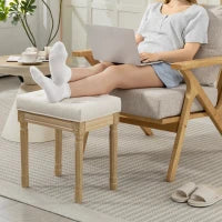 Poggiapiedi in Stile Rustico, Rivestito in Tessuto Effetto Lino con Gambe Intagliate in Legno Massiccio, Seduta Imbottita, Beige