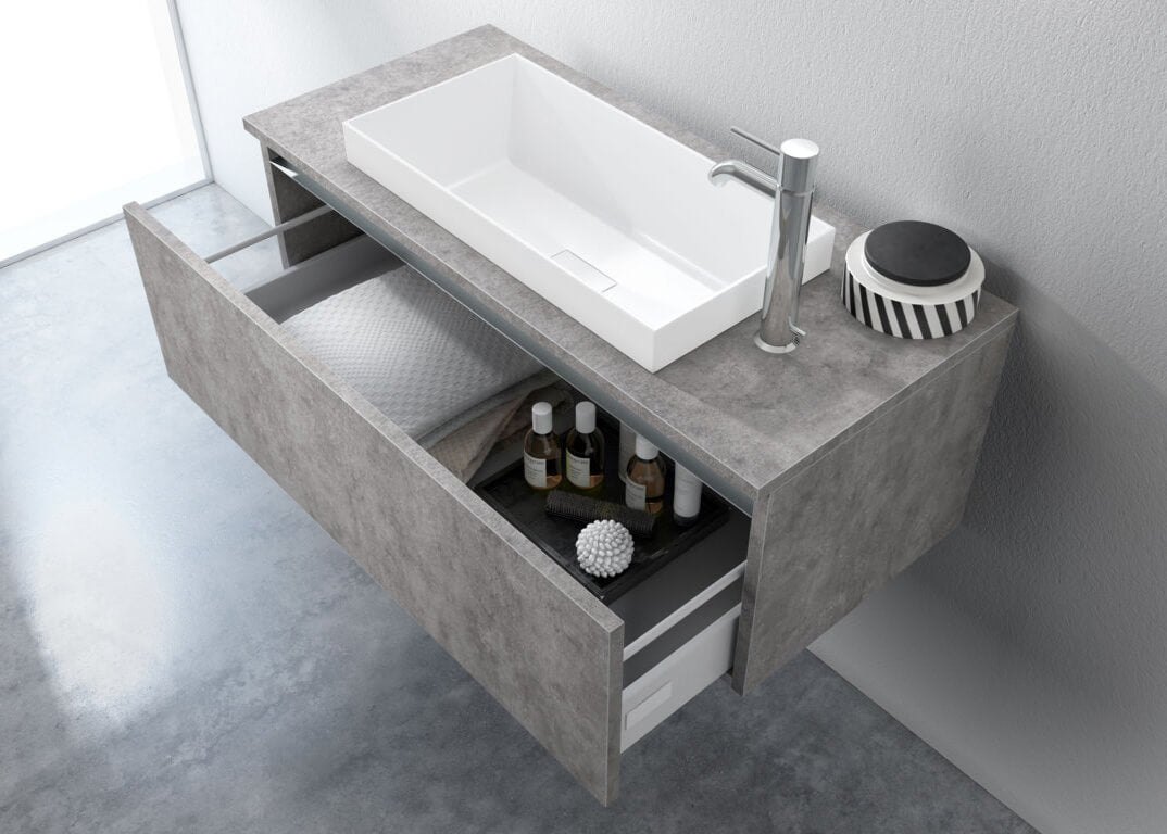 Composizione Mobile Bagno Sospesa 100cm Con Cassetto, Specchio a LED Integrato - Tabacco Chiaro