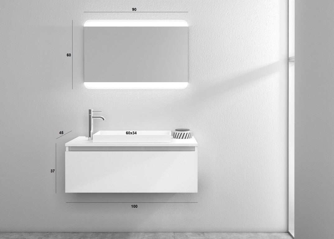 Composizione Mobile Bagno Sospesa 100cm Con Cassetto, Specchio a LED Integrato - Laccato Bianco Opaco