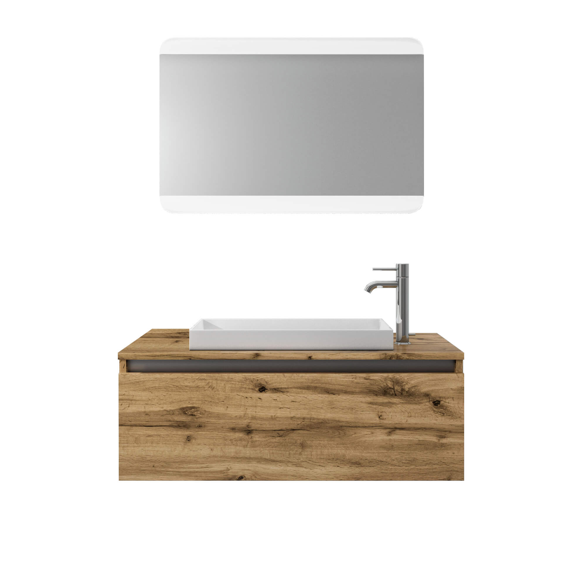 Composizione Mobile Bagno Sospesa 100cm Con Cassetto, Specchio a LED Integrato - Rovere Miele