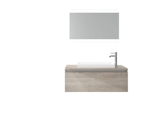 Composizione Mobile Bagno Sospesa 100cm Con Cassetto, Specchio a LED Integrato - Tabacco Chiaro