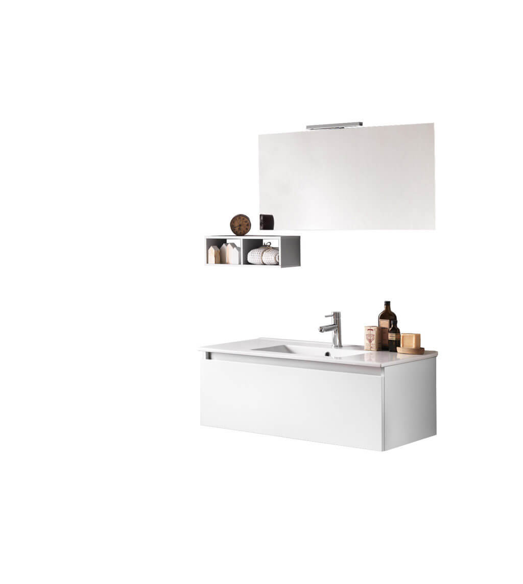 Composizione Bagno Sospesa 100cm Con Cassetto, Vano a Giorno, Specchio e Lampada - Laccato Bianco Opaco + Pensile Grigio Chiaro