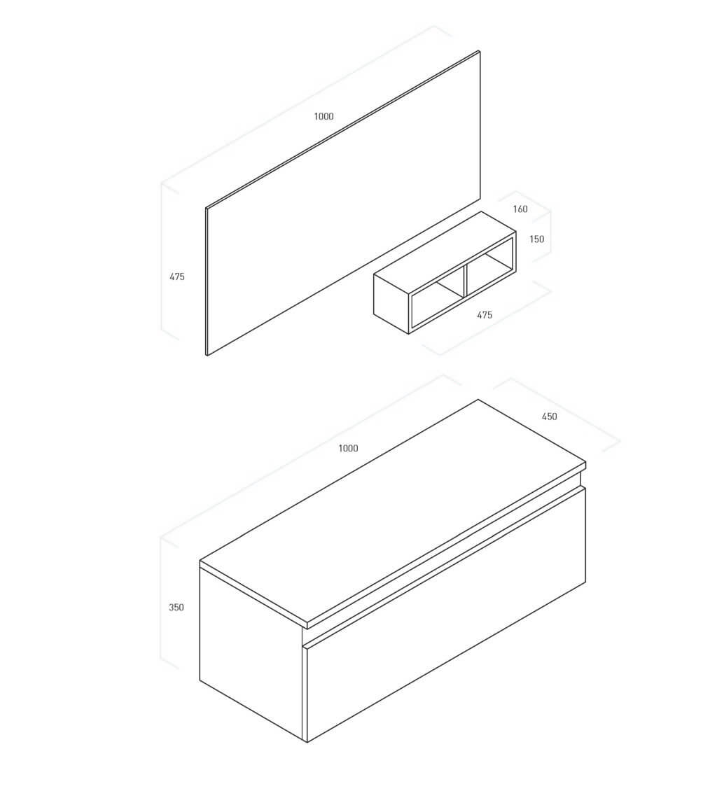 Composizione Bagno Sospesa 100cm Con Cassetto, Vano a Giorno, Specchio e Lampada - Laccato Bianco Opaco + Pensile Grigio Chiaro