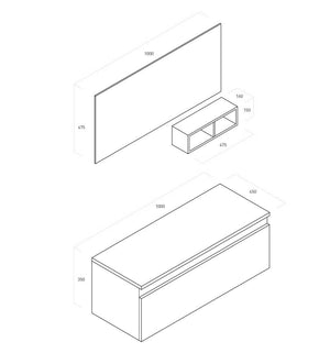 Composizione Bagno Sospesa 100cm Con Cassetto, Vano a Giorno, Specchio e Lampada - Laccato Bianco Opaco + Pensile Grigio Chiaro
