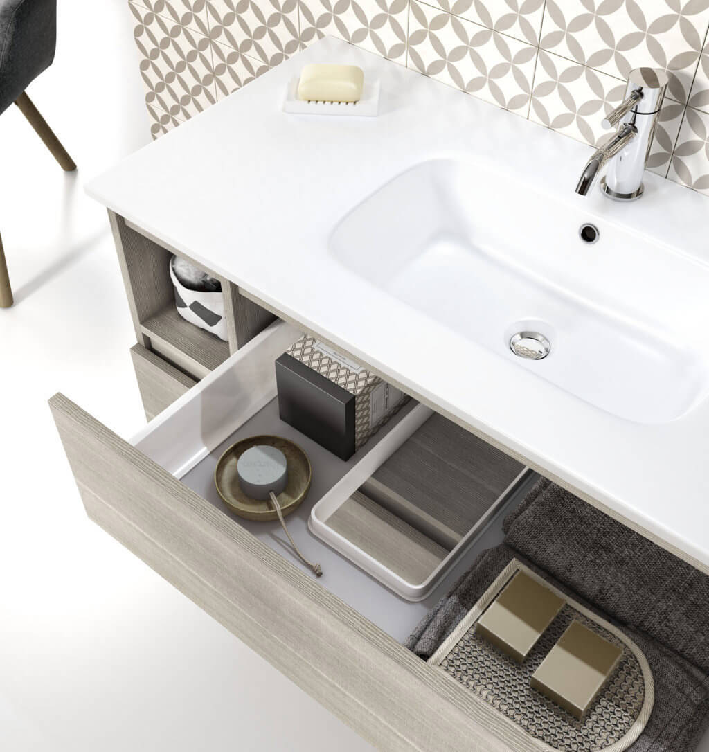 Mobile Bagno 100cm Sospeso Con Due Cassetti Due Vani E Specchio Con Lampada - Pino Artico
