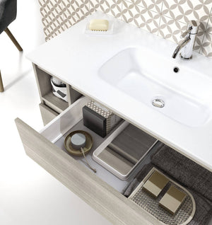 Mobile Bagno 100cm Sospeso Con Due Cassetti Due Vani E Specchio Con Lampada - Rovere Cenere