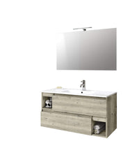 Mobile Bagno 100cm Sospeso Con Due Cassetti Due Vani E Specchio Con Lampada - Pino Artico
