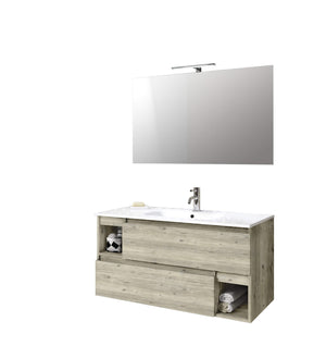 Mobile Bagno 100cm Sospeso Con Due Cassetti Due Vani E Specchio Con Lampada - Pino Artico