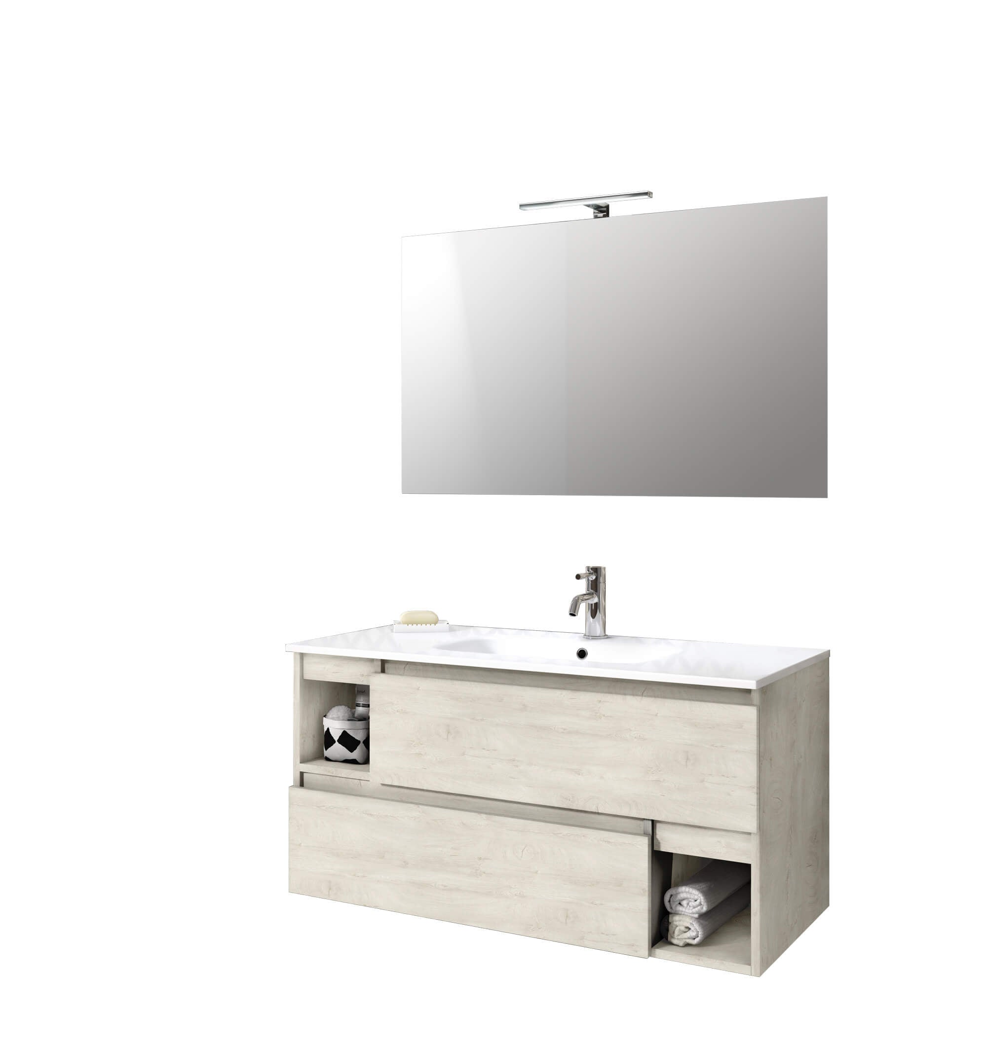Mobile Bagno 100cm Sospeso Con Due Cassetti Due Vani E Specchio Con Lampada - Rovere Alaska