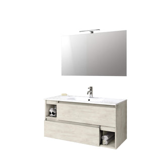 Mobile Bagno 100cm Sospeso Con Due Cassetti Due Vani E Specchio Con Lampada - Rovere Alaska