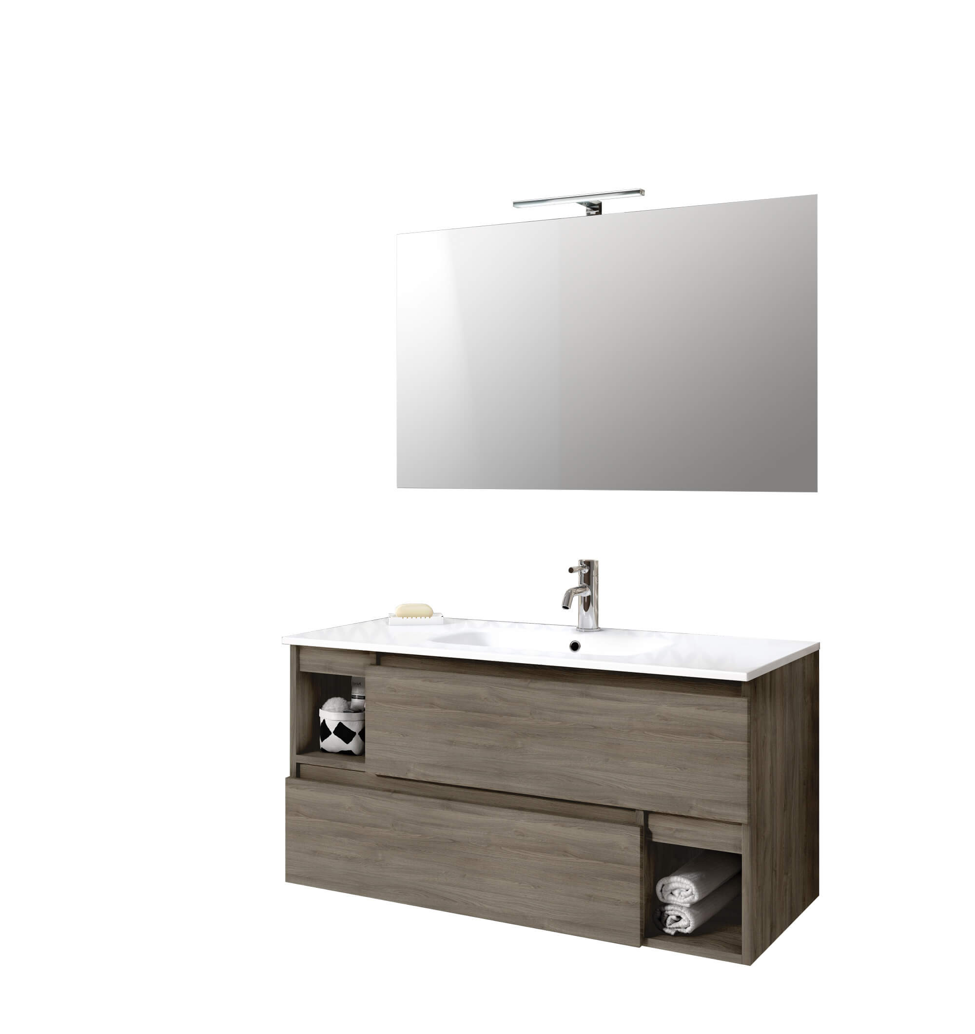 Mobile Bagno 100cm Sospeso Con Due Cassetti Due Vani E Specchio Con Lampada - Rovere Cenere