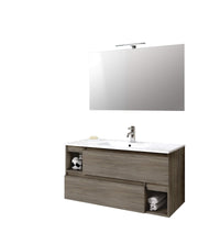 Mobile Bagno 100cm Sospeso Con Due Cassetti Due Vani E Specchio Con Lampada - Rovere Cenere
