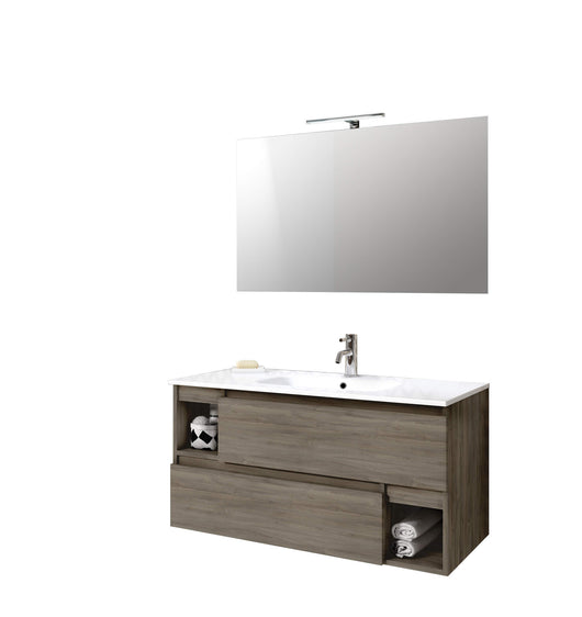 Mobile Bagno 100cm Sospeso Con Due Cassetti Due Vani E Specchio Con Lampada - Rovere Cenere