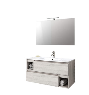 Mobile Bagno 100cm Sospeso Con Due Cassetti Due Vani E Specchio Con Lampada - Sherwood
