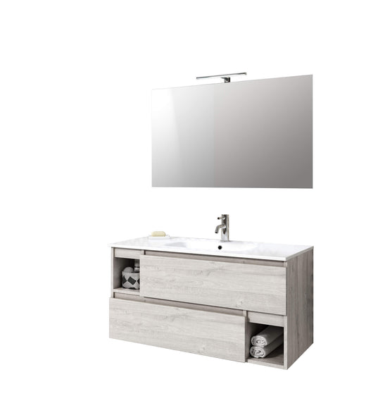 Mobile Bagno 100cm Sospeso Con Due Cassetti Due Vani E Specchio Con Lampada - Sherwood