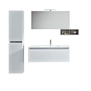 Mobile Bagno Sospeso100cm Con 1 Cassetto, Vano a Giorno, Pensile Colonna, Specchio e Lampada - Laccato Bianco Opaco