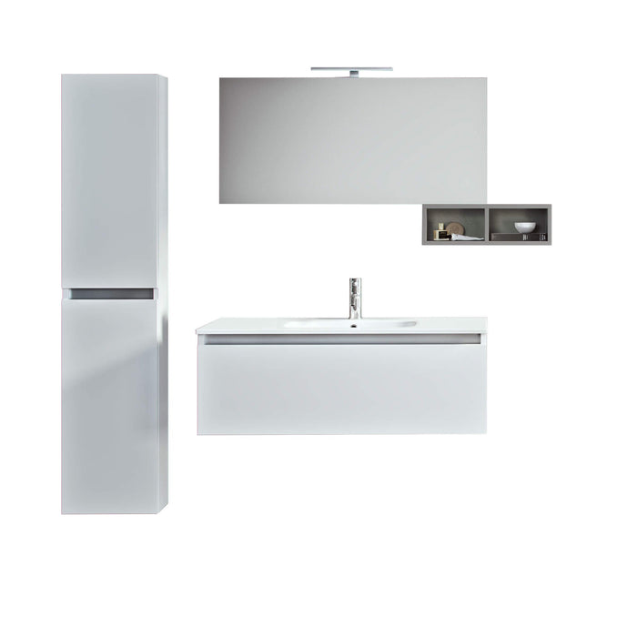 Mobile Bagno Sospeso100cm Con 1 Cassetto, Vano a Giorno, Pensile Colonna, Specchio e Lampada - Laccato Bianco Opaco