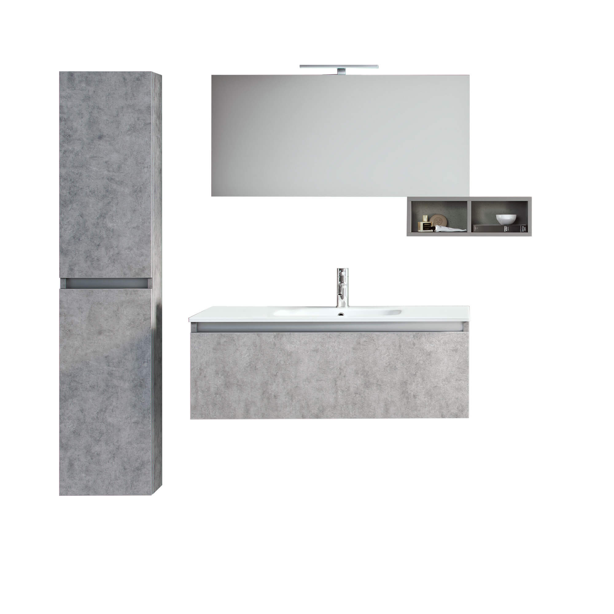 Mobile Bagno Sospeso100cm Con 1 Cassetto, Vano a Giorno, Pensile Colonna, Specchio e Lampada - Cemento