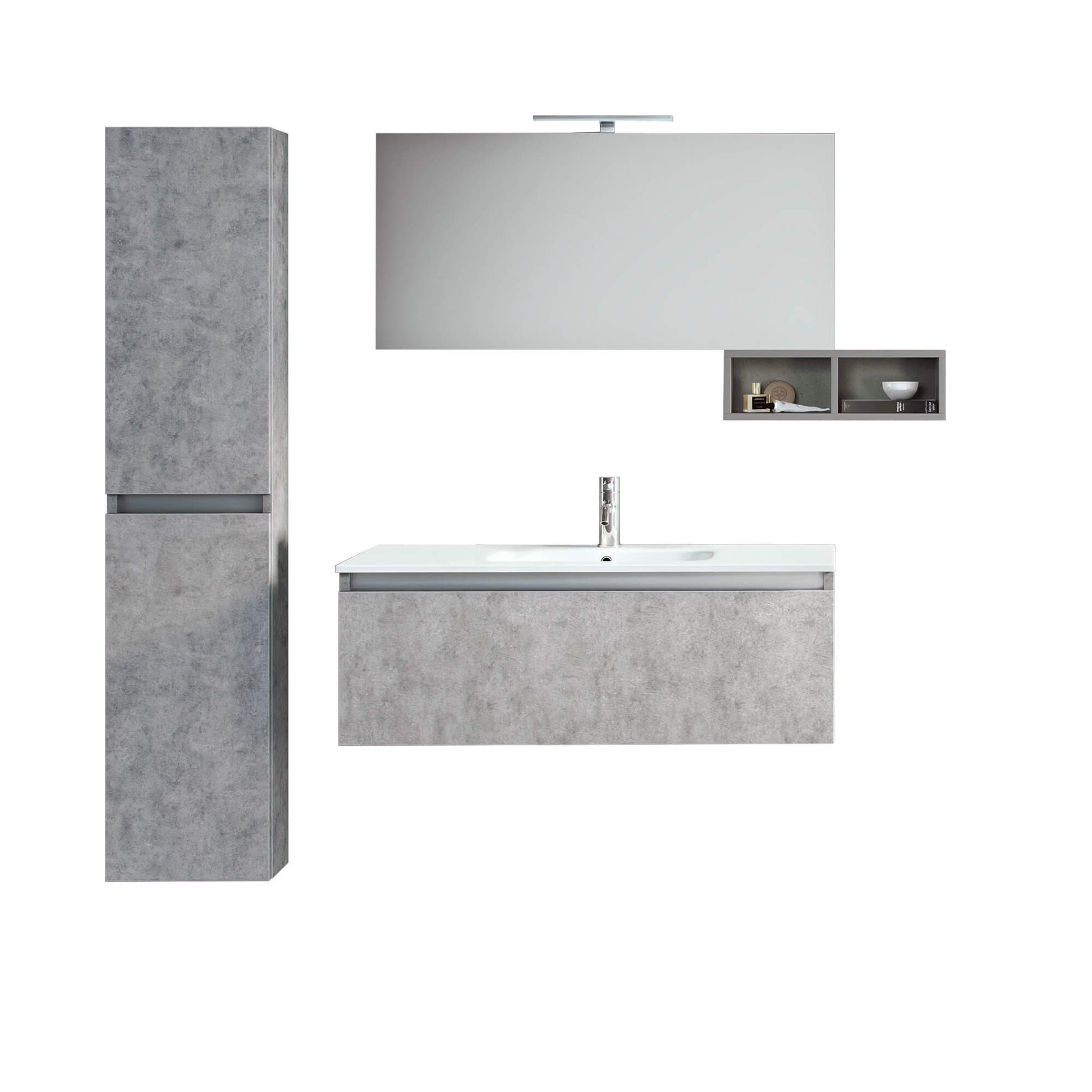 Mobile Bagno Sospeso100cm Con 1 Cassetto, Vano a Giorno, Pensile Colonna, Specchio e Lampada - Cemento
