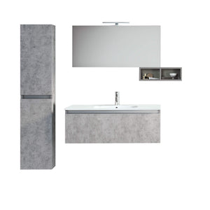Mobile Bagno Sospeso100cm Con 1 Cassetto, Vano a Giorno, Pensile Colonna, Specchio e Lampada - Cemento