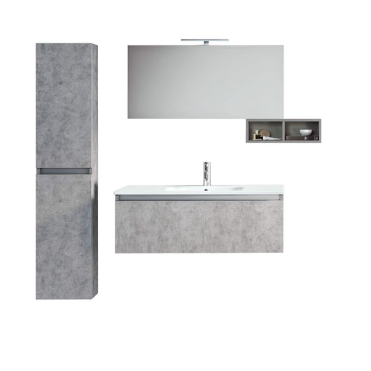 Mobile Bagno Sospeso100cm Con 1 Cassetto, Vano a Giorno, Pensile Colonna, Specchio e Lampada - Cemento