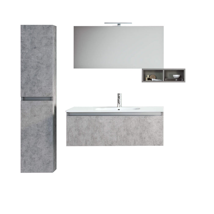 Mobile Bagno Sospeso100cm Con 1 Cassetto, Vano a Giorno, Pensile Colonna, Specchio e Lampada - Cemento