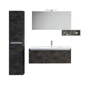 Mobile Bagno Sospeso100cm Con 1 Cassetto, Vano a Giorno, Pensile Colonna, Specchio e Lampada - Ossido