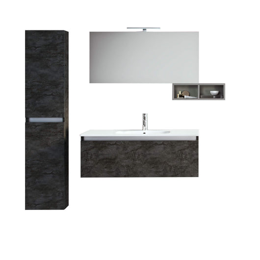 Mobile Bagno Sospeso100cm Con 1 Cassetto, Vano a Giorno, Pensile Colonna, Specchio e Lampada - Ossido