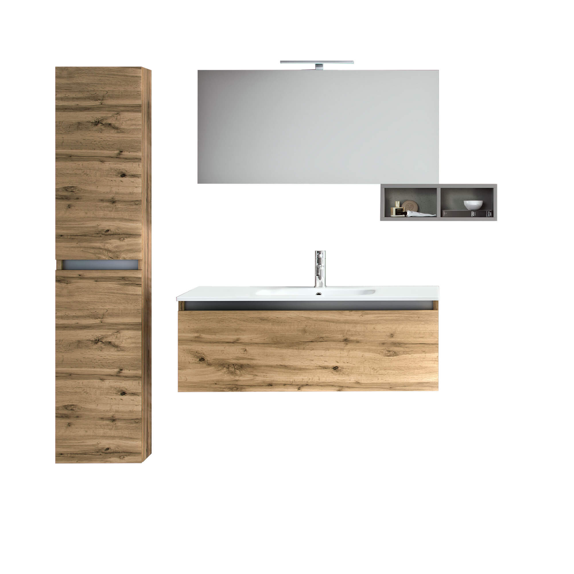 Mobile Bagno Sospeso100cm Con 1 Cassetto, Vano a Giorno, Pensile Colonna, Specchio e Lampada - Rovere Miele