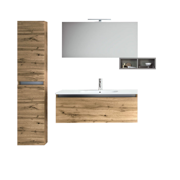 Mobile Bagno Sospeso100cm Con 1 Cassetto, Vano a Giorno, Pensile Colonna, Specchio e Lampada - Rovere Miele