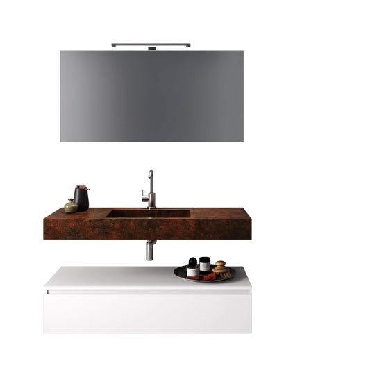 Composizione Bagno 120cm Con Vasca Integrata Cassetto E Specchio - Top Effetto Corten + Base Bianco Opaco