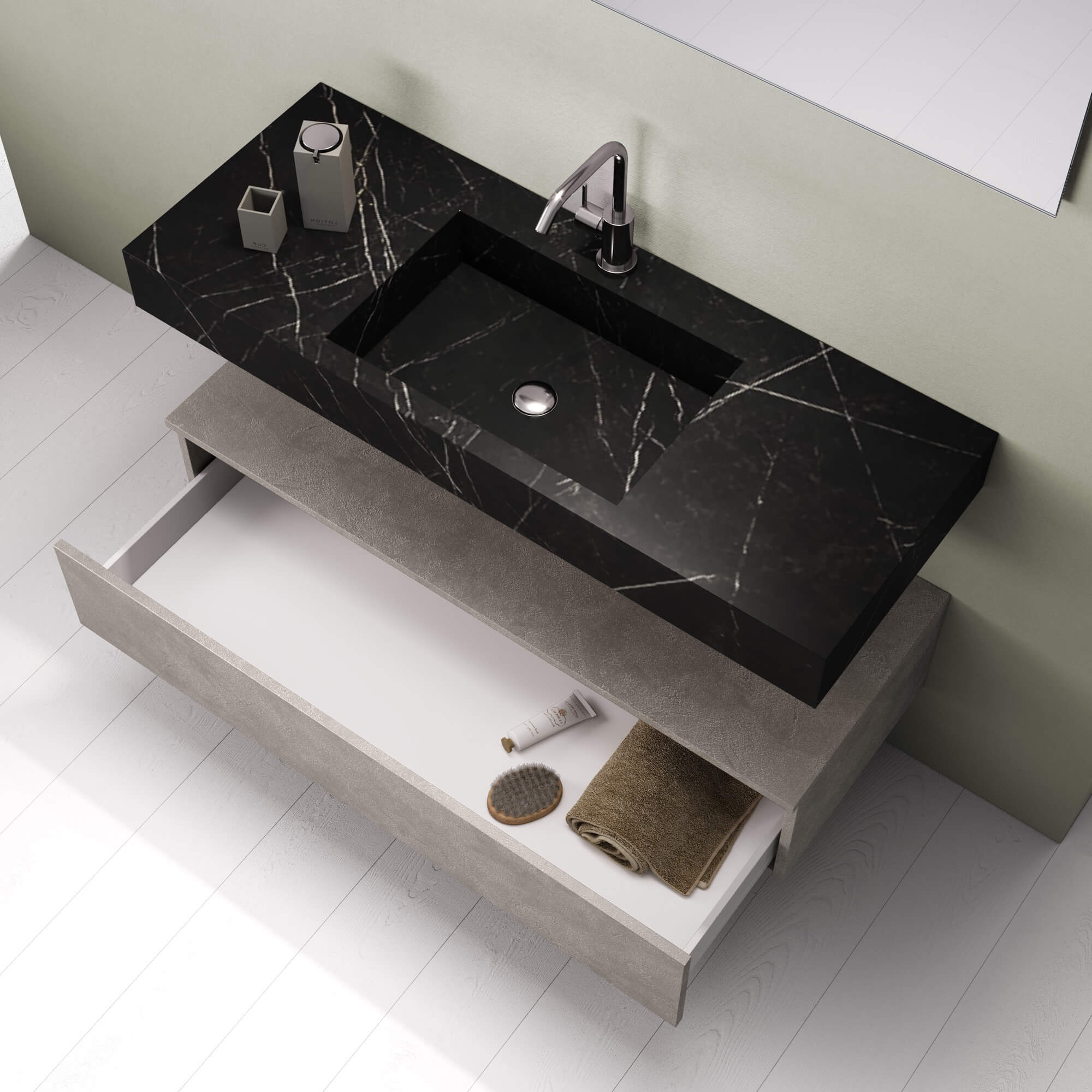 Composizione Bagno 120cm Con Vasca Integrata Cassetto E Specchio - Top Effetto Marmo Marrara + Base Sherwood Naturale