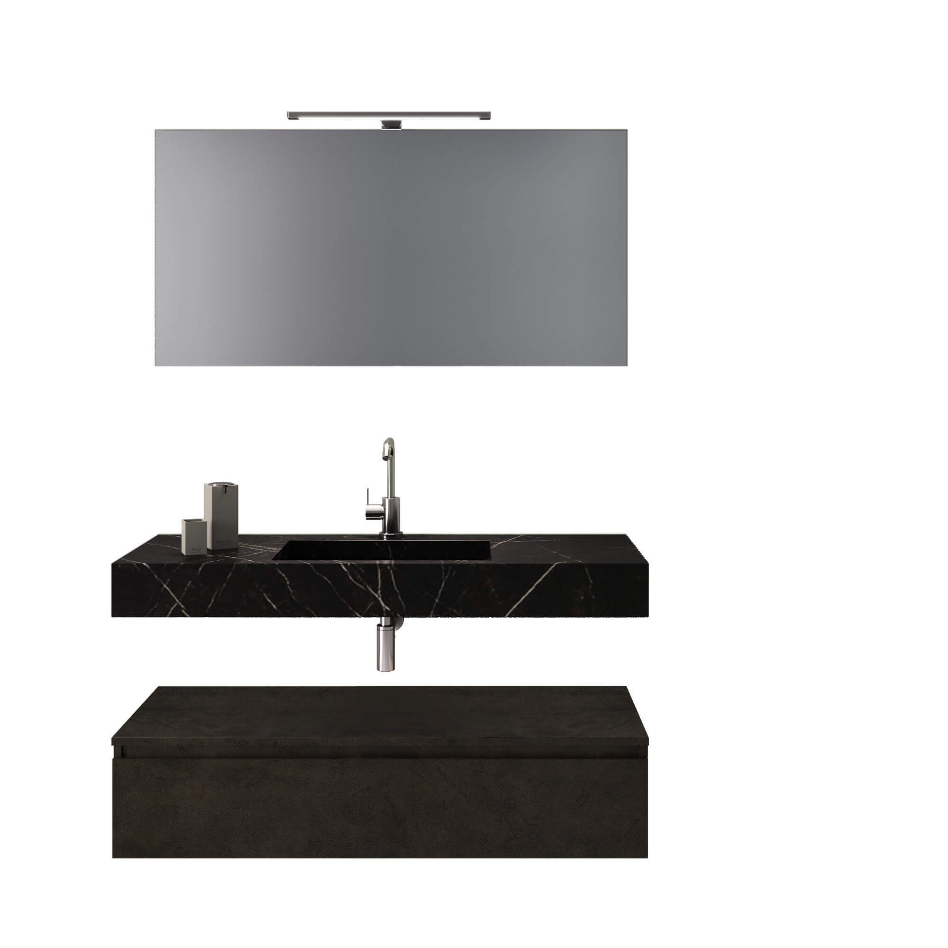 Composizione Bagno 120cm Con Vasca Integrata Cassetto E Specchio - Top Nero Grafite + Base Pietra Lavica Riflesso Bronzo