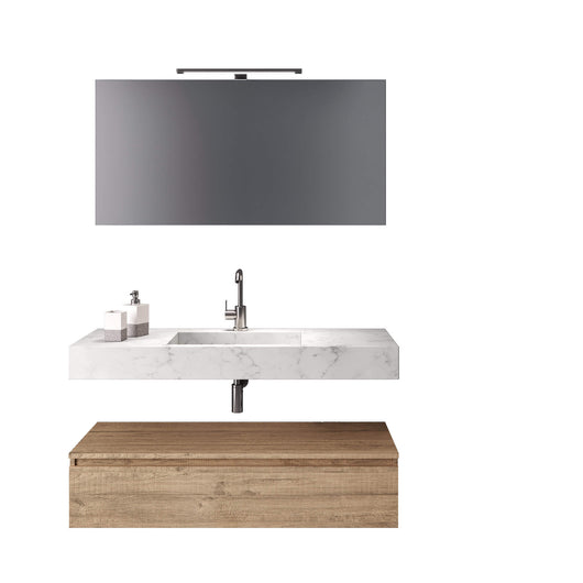 Composizione Bagno 120cm Con Vasca Integrata Cassetto E Specchio - Top Effetto Marmo Di Carrara + Base Rovere Miele