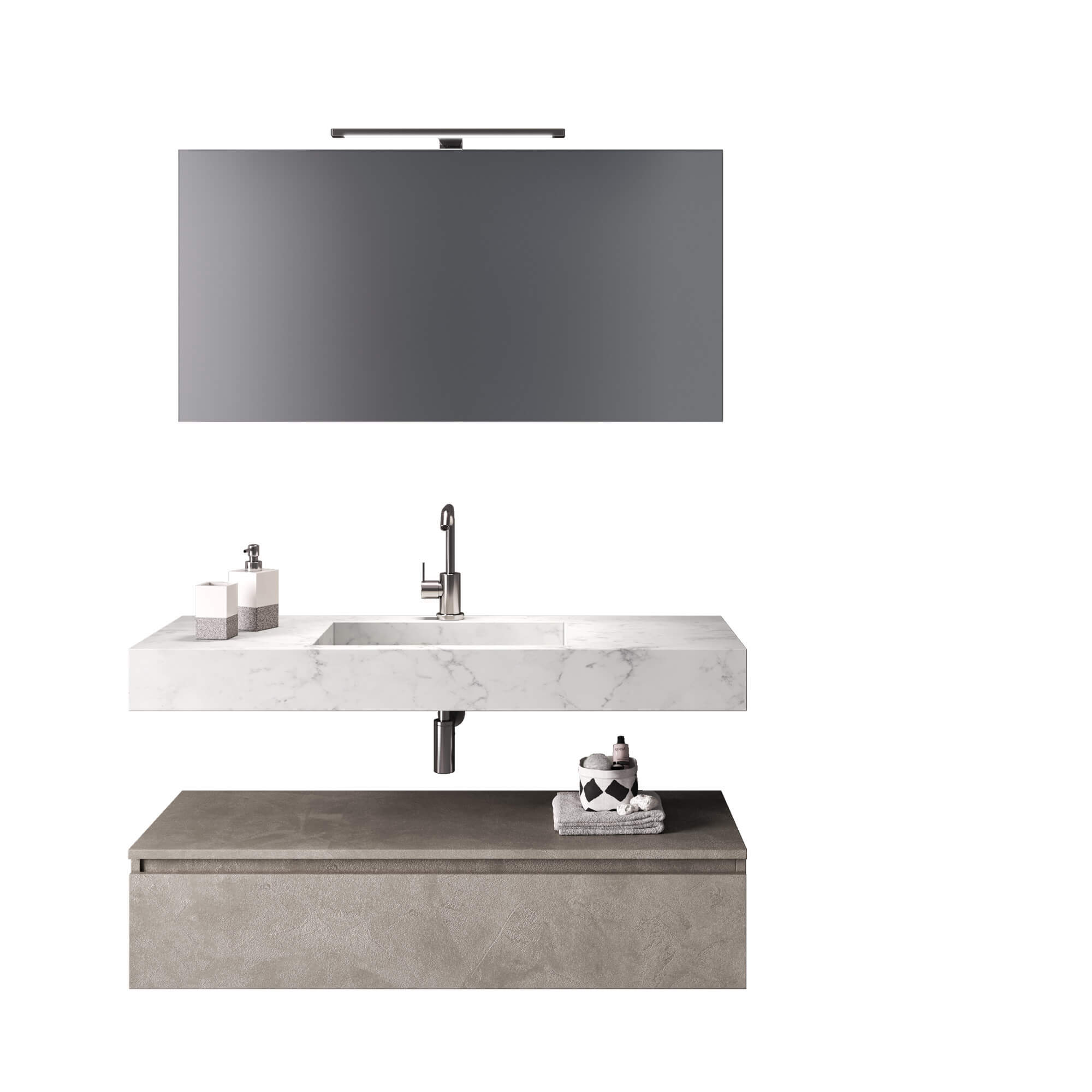 Composizione Bagno 120cm Con Vasca Integrata Cassetto E Specchio - Top Effetto Marmo Di Carrara + Base Avana Effetto Pietra