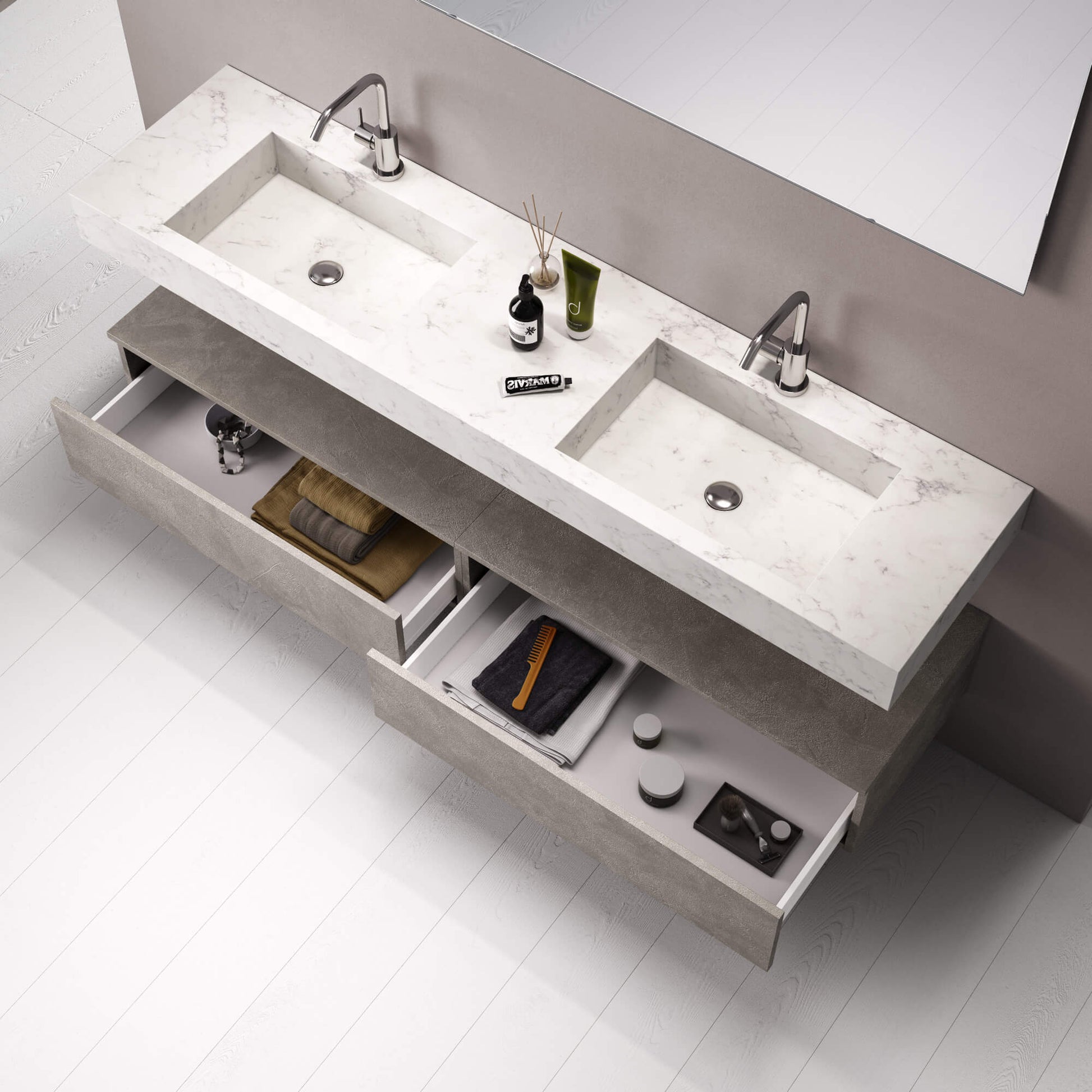 Mobile Bagno Sospeso 180cm Con Vasca Integrata Cassetto E Specchio - Top Effetto Marmo Di Carrara + Base Rovere Miele