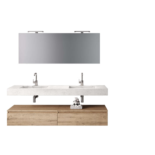 Mobile Bagno Sospeso 180cm Con Vasca Integrata Cassetto E Specchio - Top Effetto Marmo Di Carrara + Base Rovere Miele