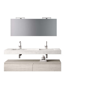 Mobile Bagno Sospeso 180cm Con Vasca Integrata Cassetto E Specchio - Top Effetto Marmo Carrara + Base Sherwood Naturale
