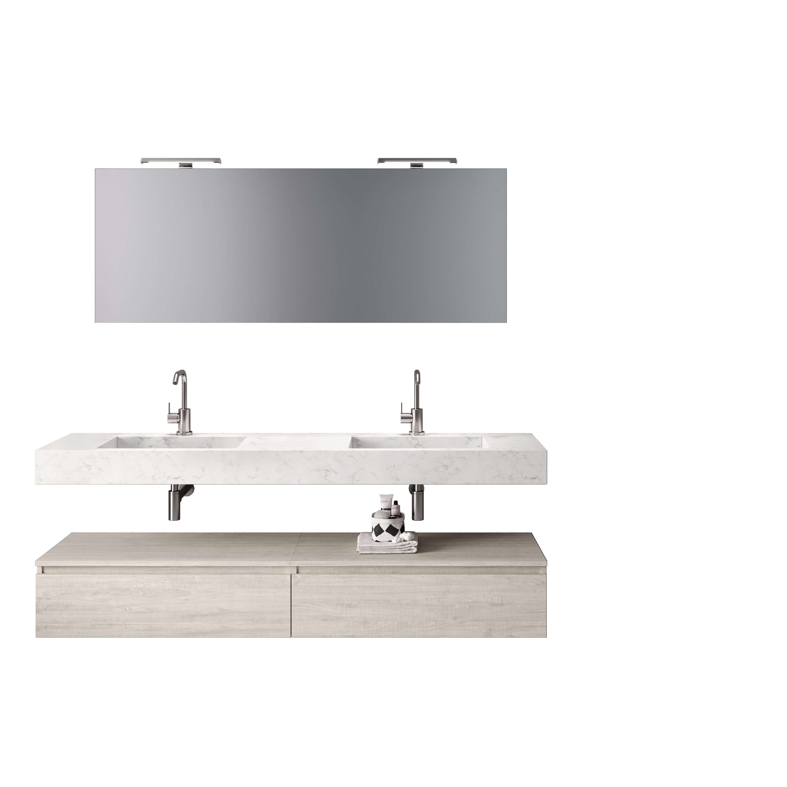 Mobile Bagno Sospeso 180cm Con Vasca Integrata Cassetto E Specchio - Top Effetto Marmo Carrara + Base Sherwood Naturale
