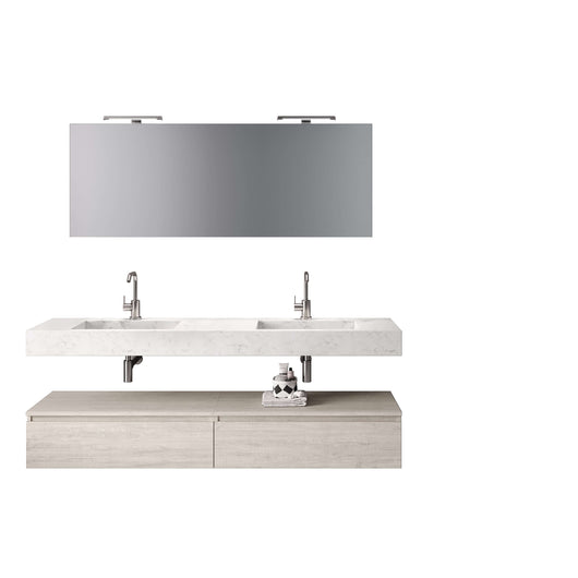 Mobile Bagno Sospeso 180cm Con Vasca Integrata Cassetto E Specchio - Top Effetto Marmo Carrara + Base Sherwood Naturale