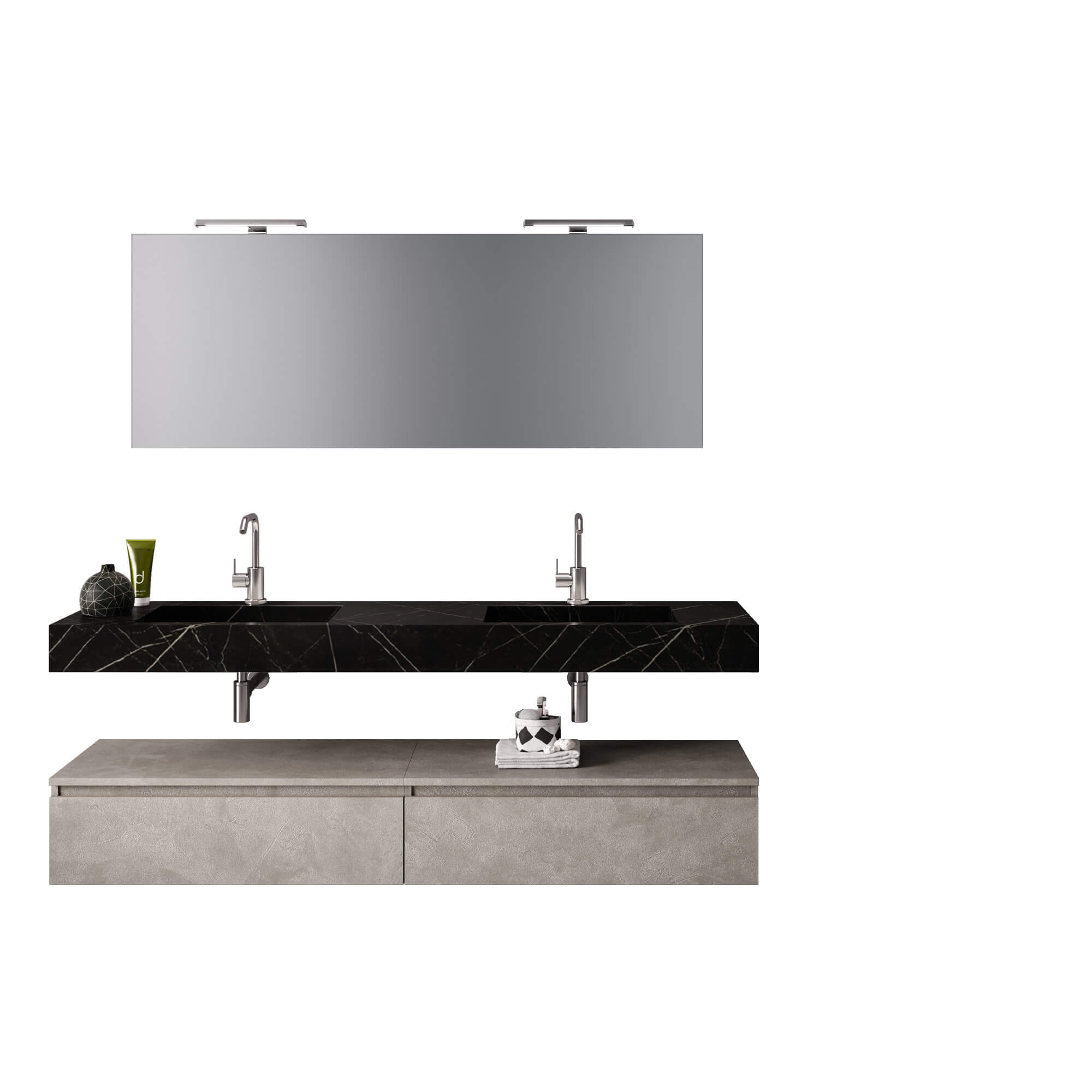 Mobile Bagno Sospeso 180cm Con Vasca Integrata Cassetto E Specchio - Top Nero Grafite + Base Avana Effetto Pietra