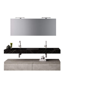Mobile Bagno Sospeso 180cm Con Vasca Integrata Cassetto E Specchio - Top Nero Grafite + Base Avana Effetto Pietra